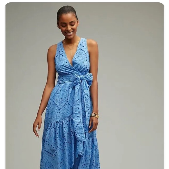 New Anthropologie Maeve Eyelet Wrap Midi Dress Blue size 2 Side pocket -  threedaughtersproperties.com